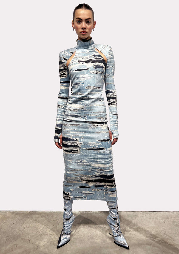 Close-fitted logn dress with iconic runway denim-effect pattern