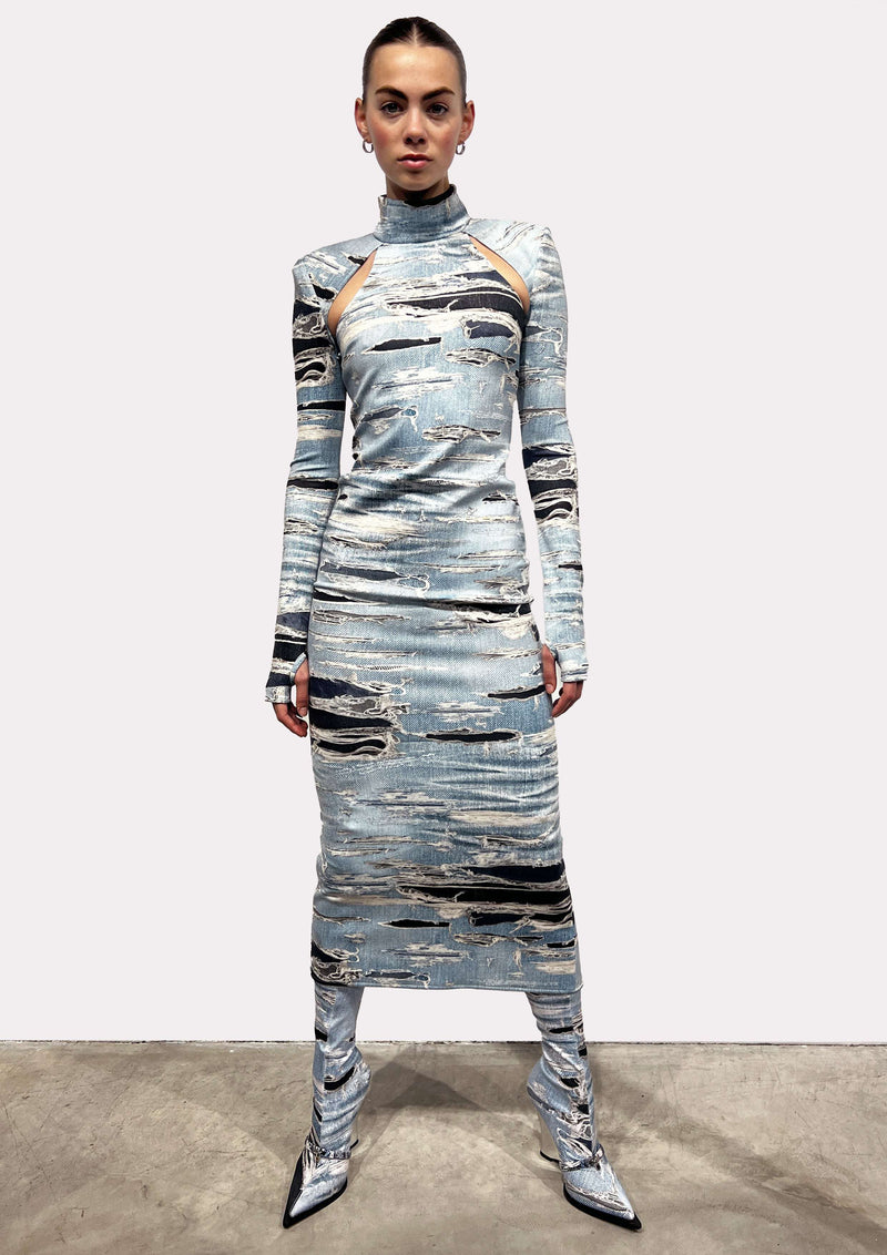 Close-fitted logn dress with iconic runway denim-effect pattern