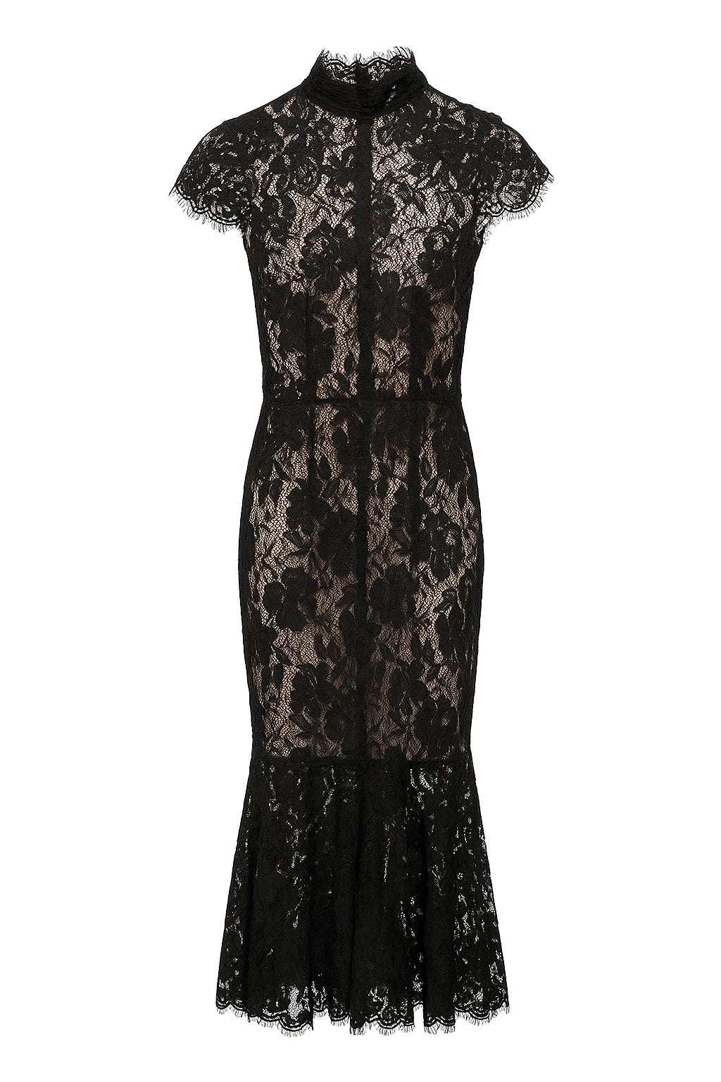 Abito lungo in pizzo con collo alto e fondo a sirena ABITO