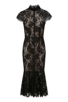 Abito lungo in pizzo con collo alto e fondo a sirena ABITO