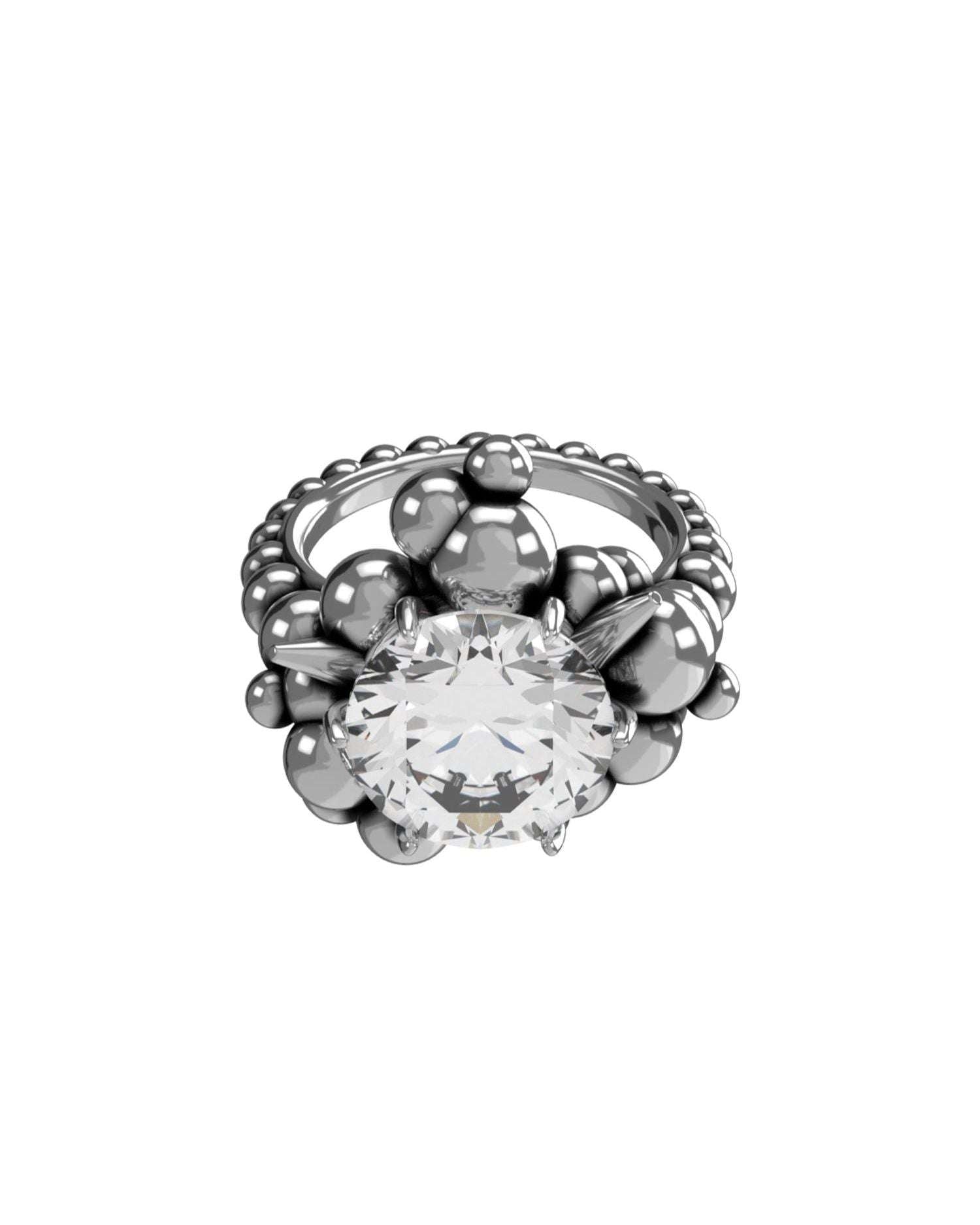 Anello con sfere e diamante centrale - argento