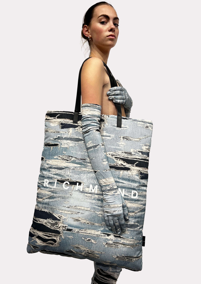 Shopper bag with iconic runway denim-effect pattern