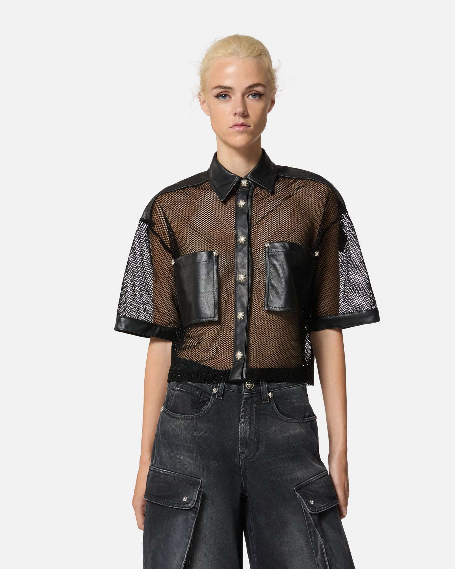 Camicia in rete con dettagli in pelle Camicia