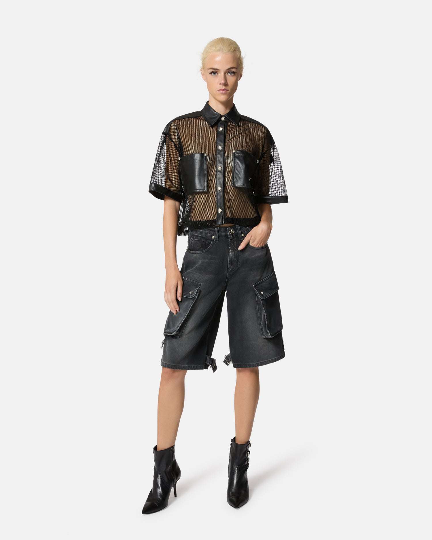 Camicia in rete con dettagli in pelle Camicia