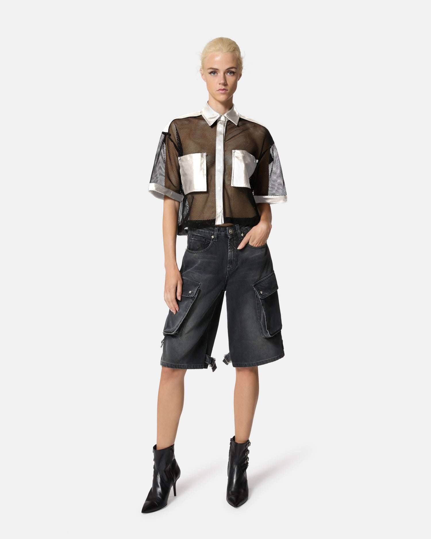 Camicia in rete con dettagli in pelle Camicia