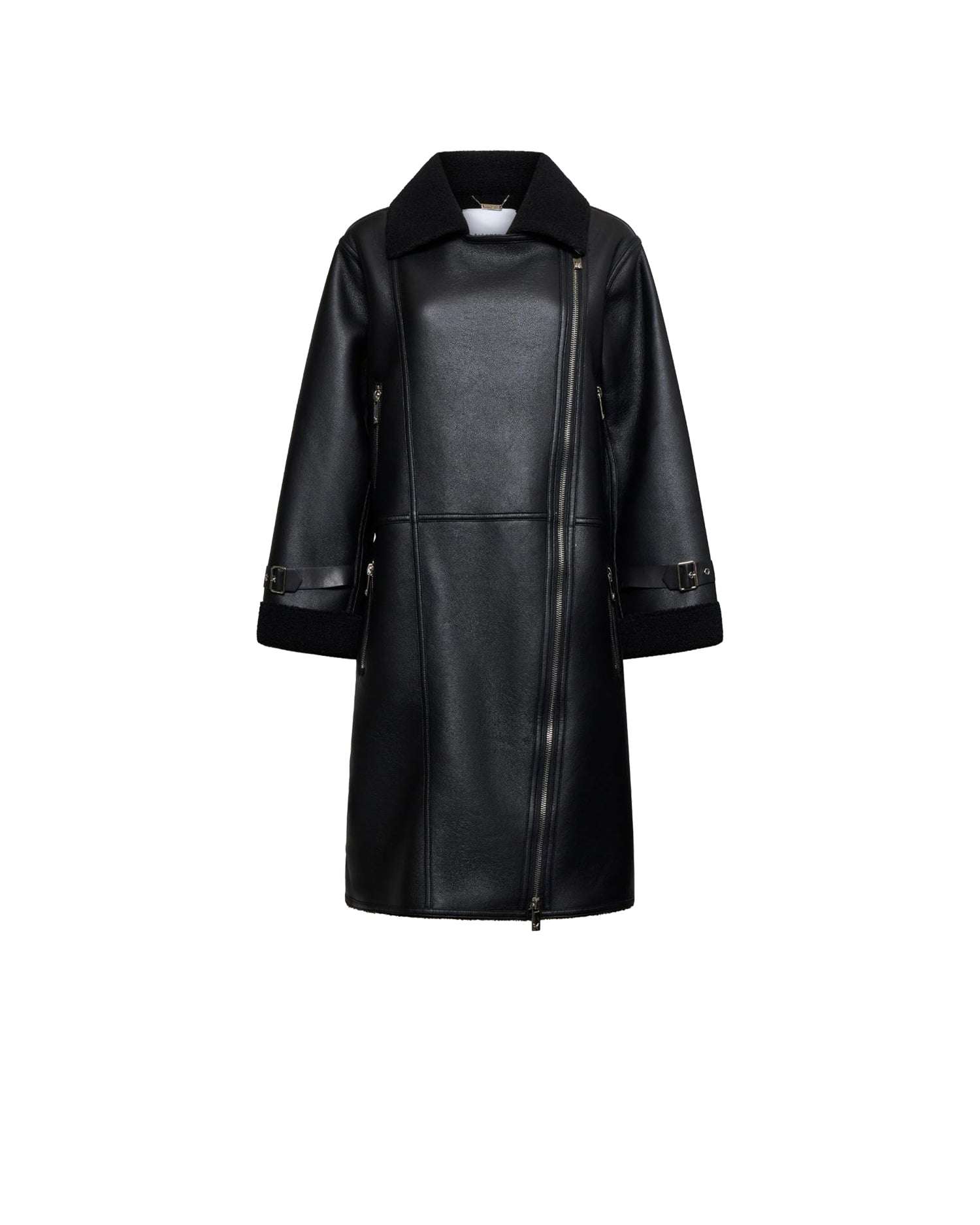 Long biker coat with asymmetric zip and buckle details Outerwear