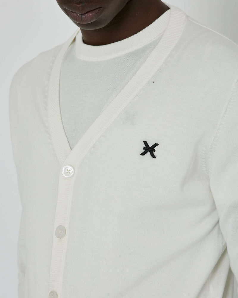 Cardigan with contrasting logo on the front and two-tone band on the back