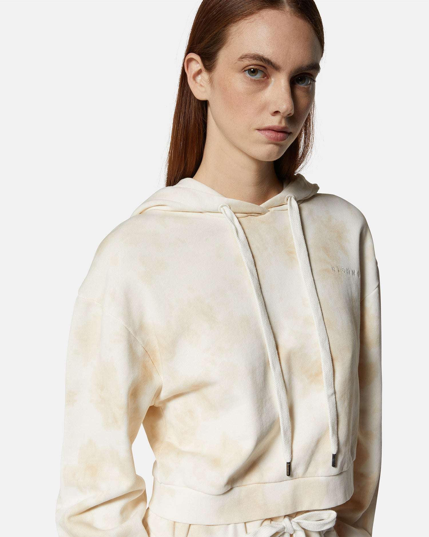 Felpa cropped con cappuccio effetto tie-dye beige Felpa