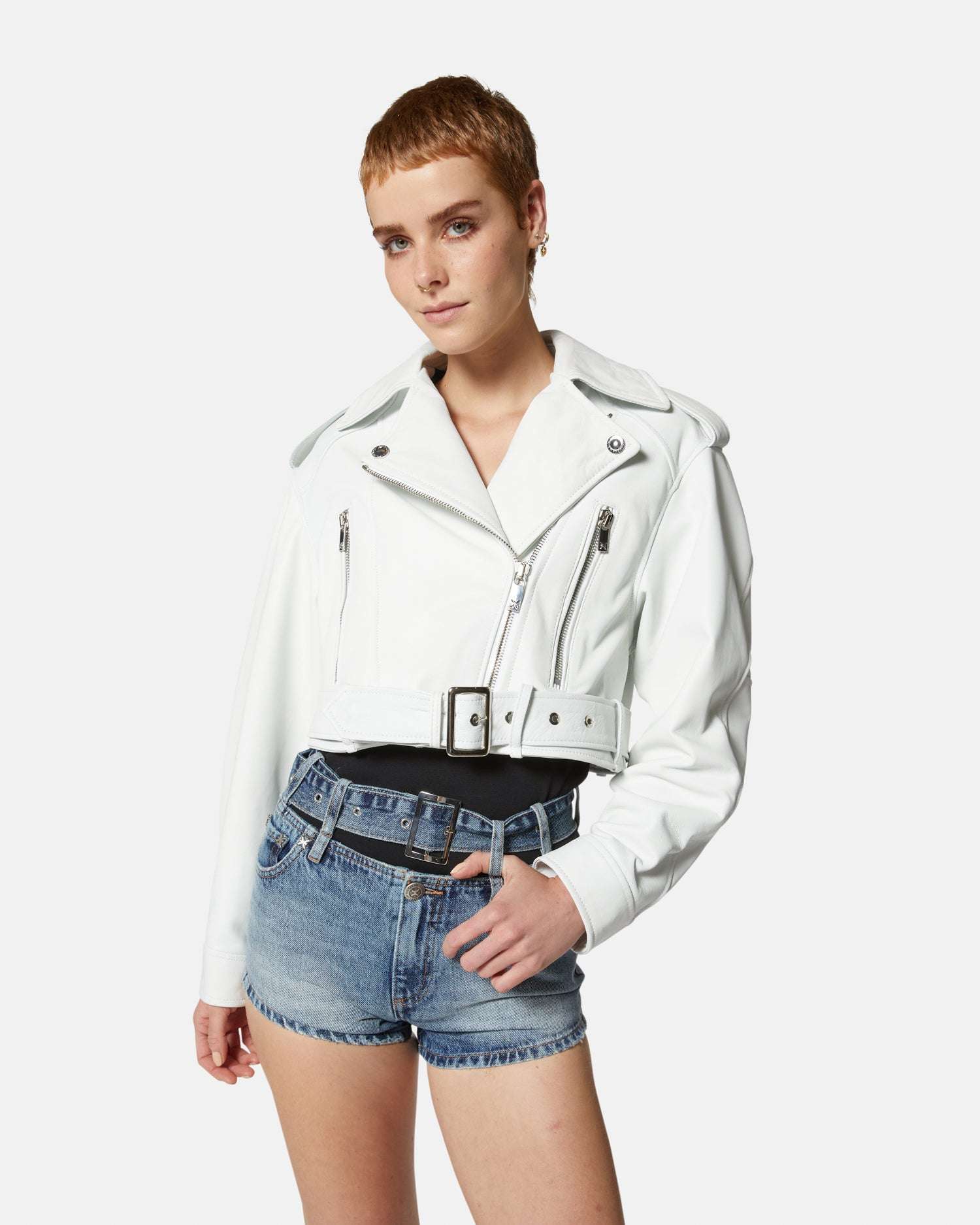 Biker cropped jacket in white eco -leather – John Richmond