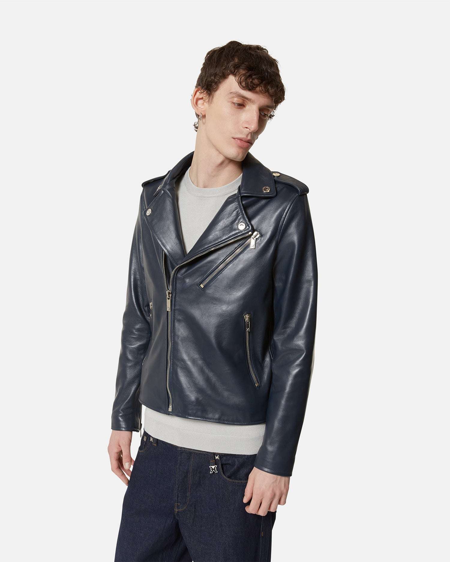 Giacca biker in pelle blu con dettagli metallici Capospalla