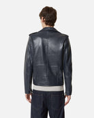 Giacca biker in pelle blu con dettagli metallici Capospalla