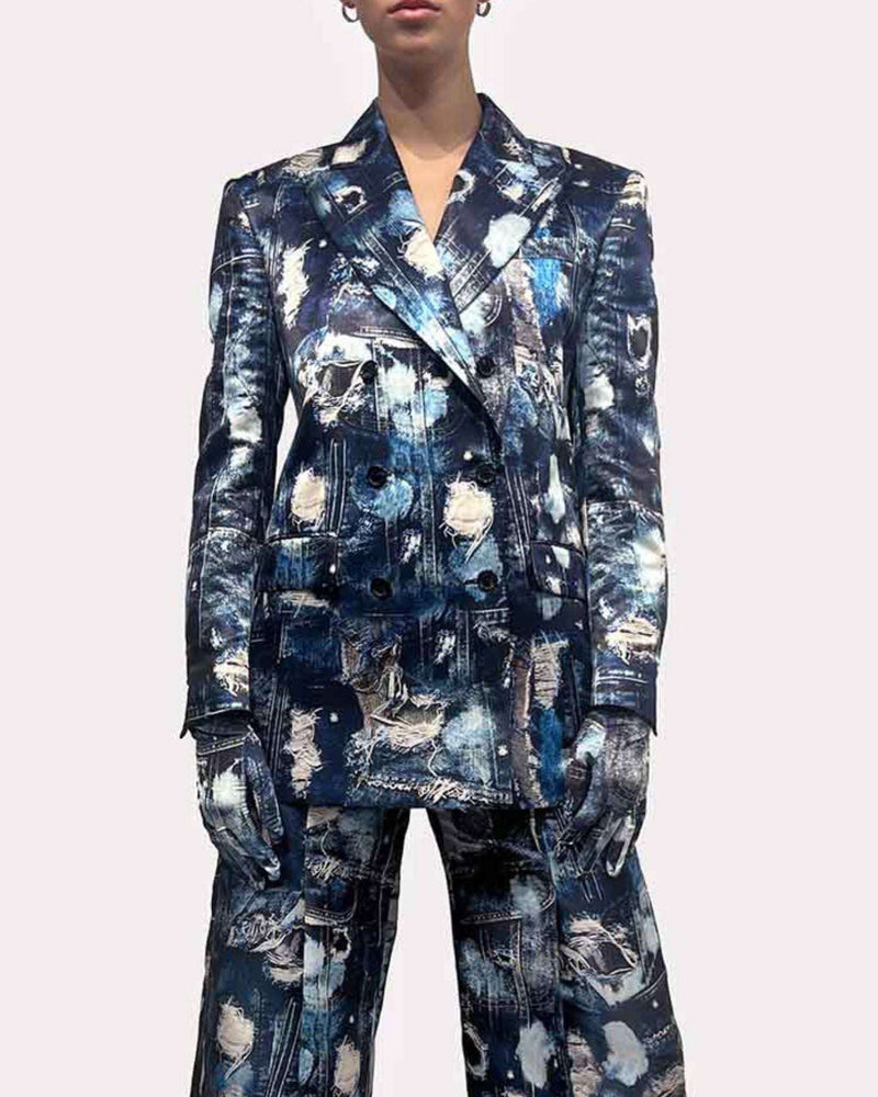 Blazer jacket with iconic runway denim-effect pattern
