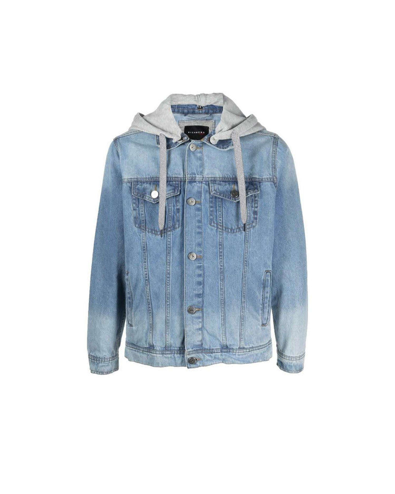 DENIM JACKET WITH CONTRASTING HOOD AND LOGO