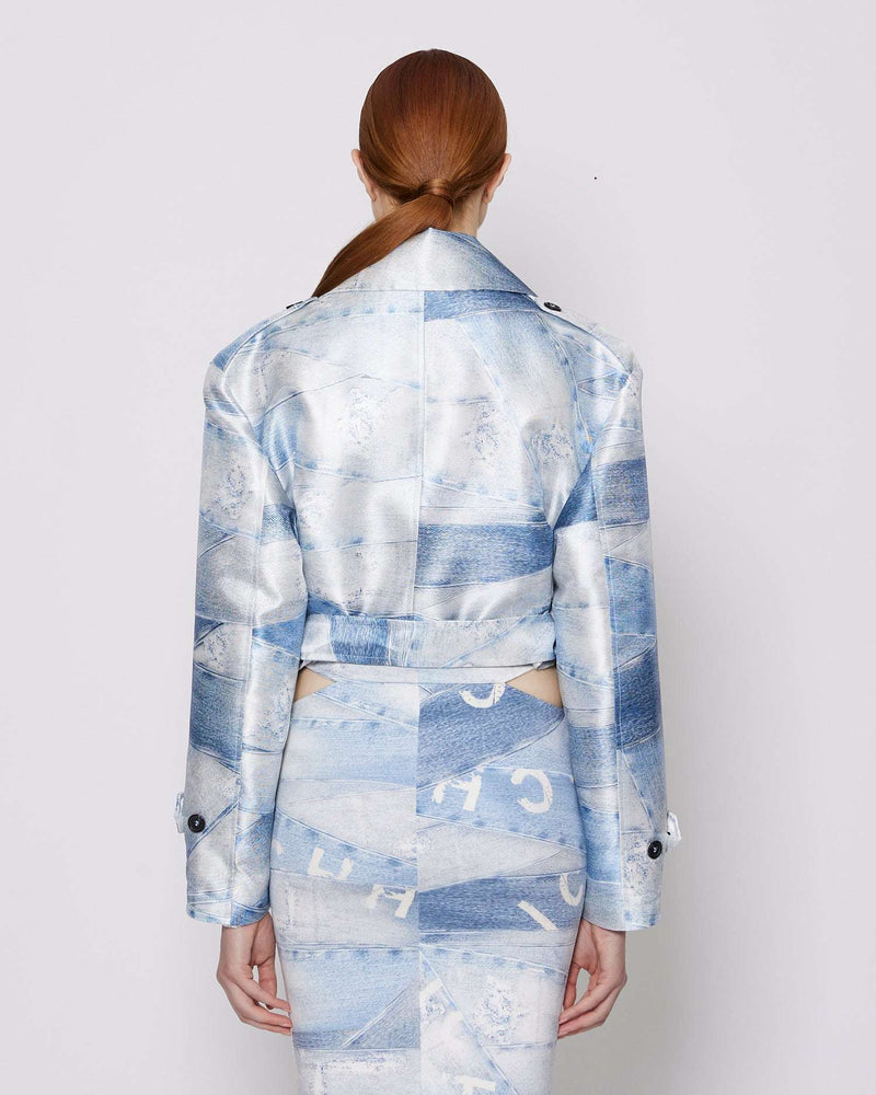 Single-breasted crop trench coat with pattern