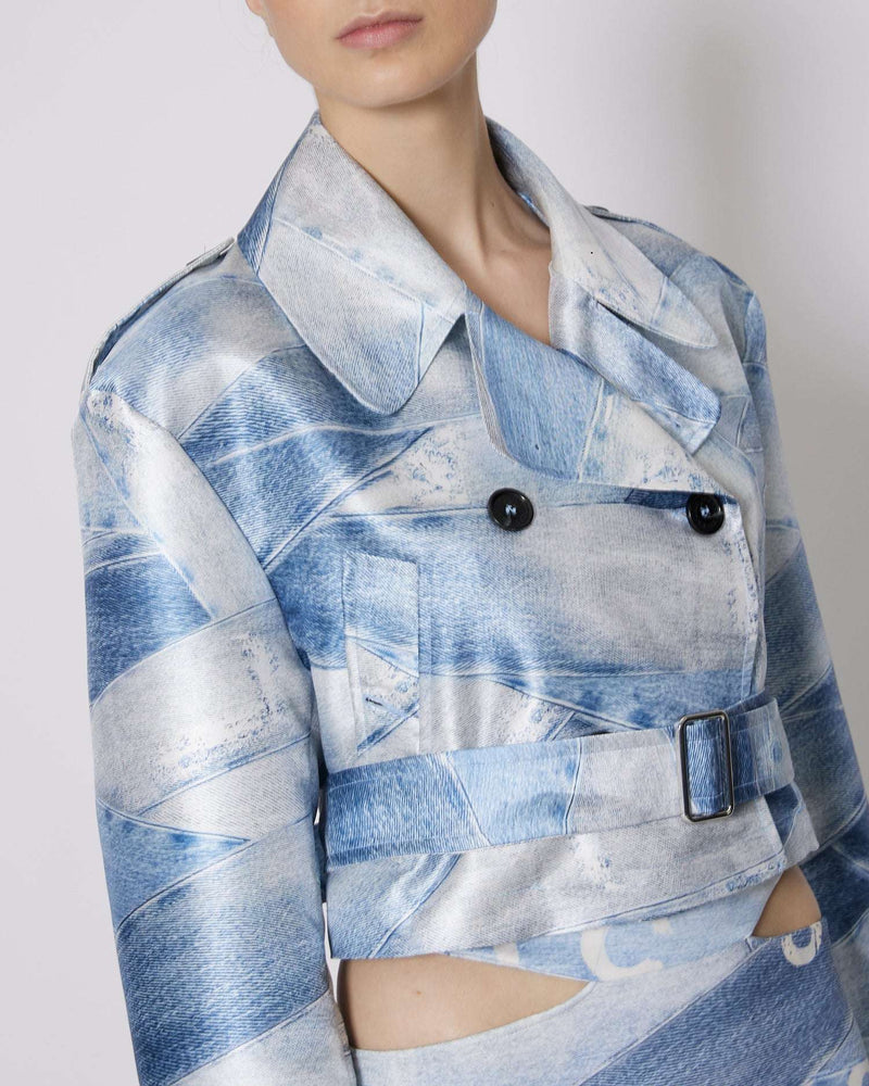 Single-breasted crop trench coat with pattern