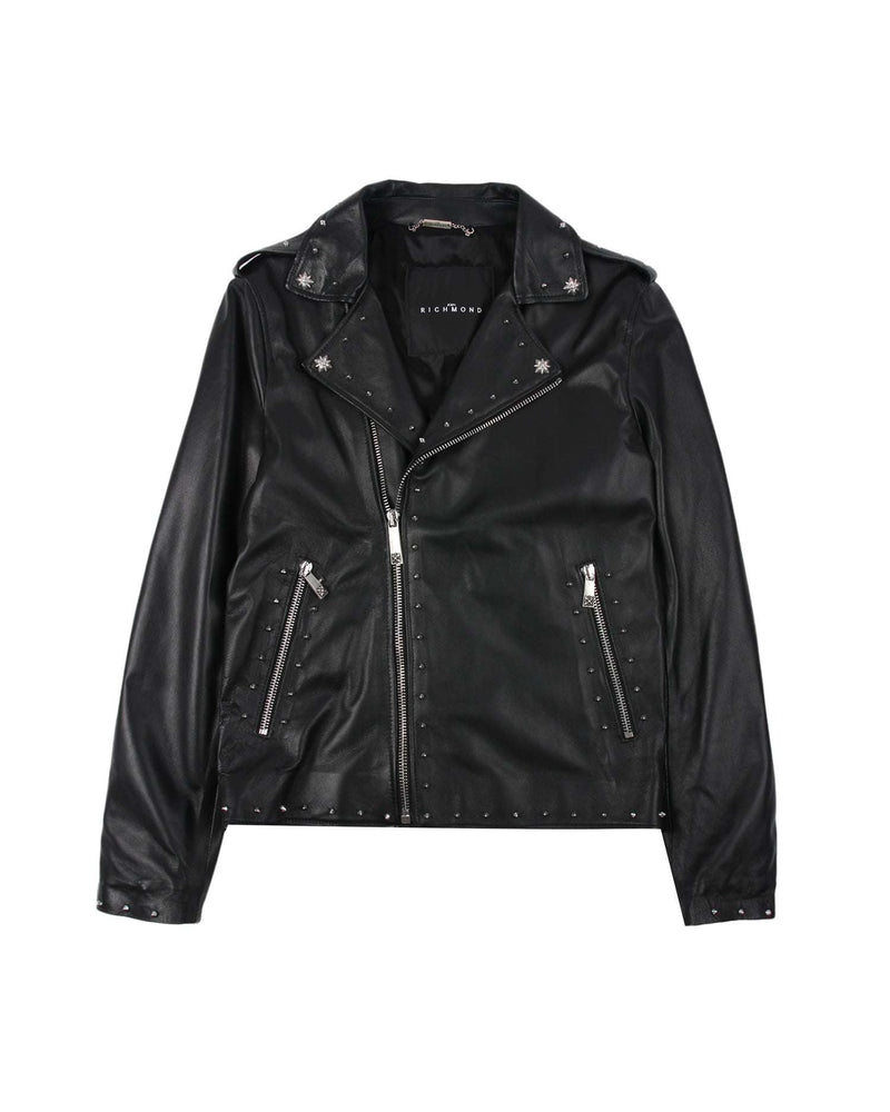 Leather jacket with application on the back