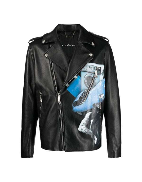 Leather biker jacket with decorative print