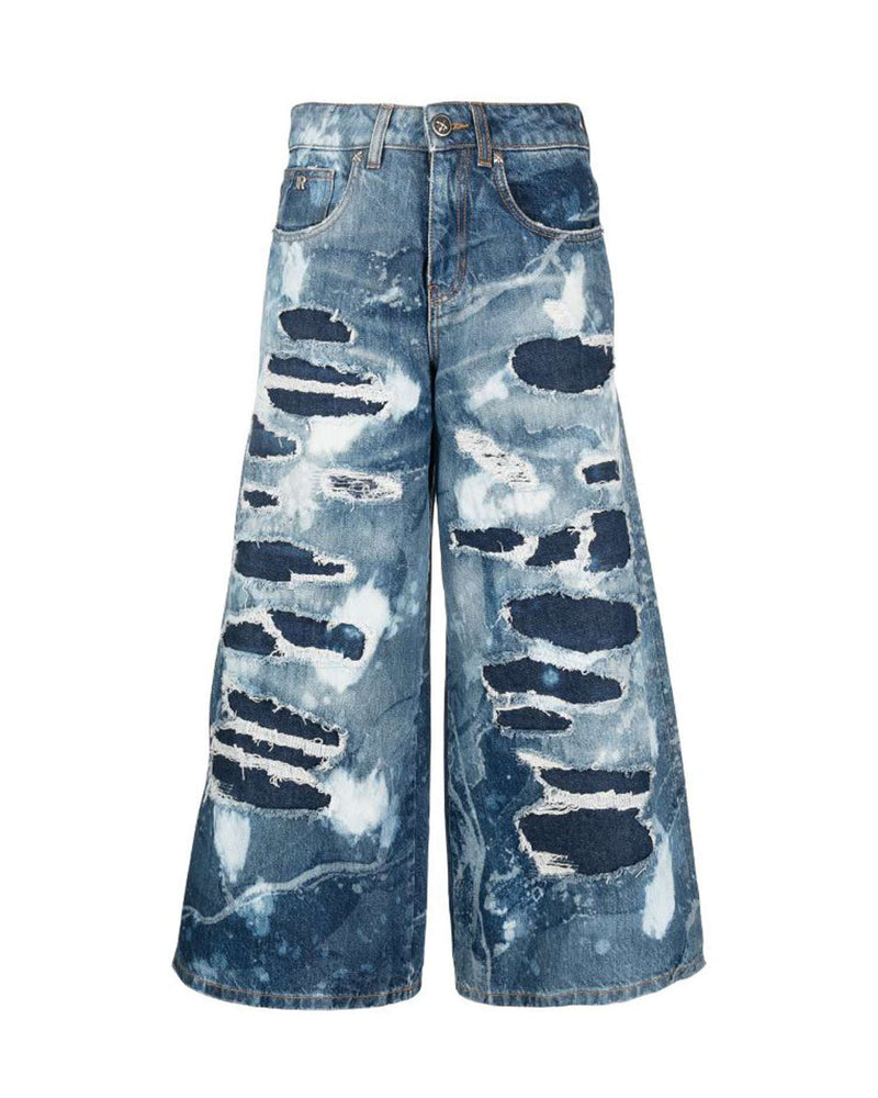Wide leg jeans with used effect decoration