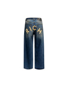 Jeans regular con lacerazione in blu medio e personalizzazione &amp;quot;RICH&amp;quot; glitter gold