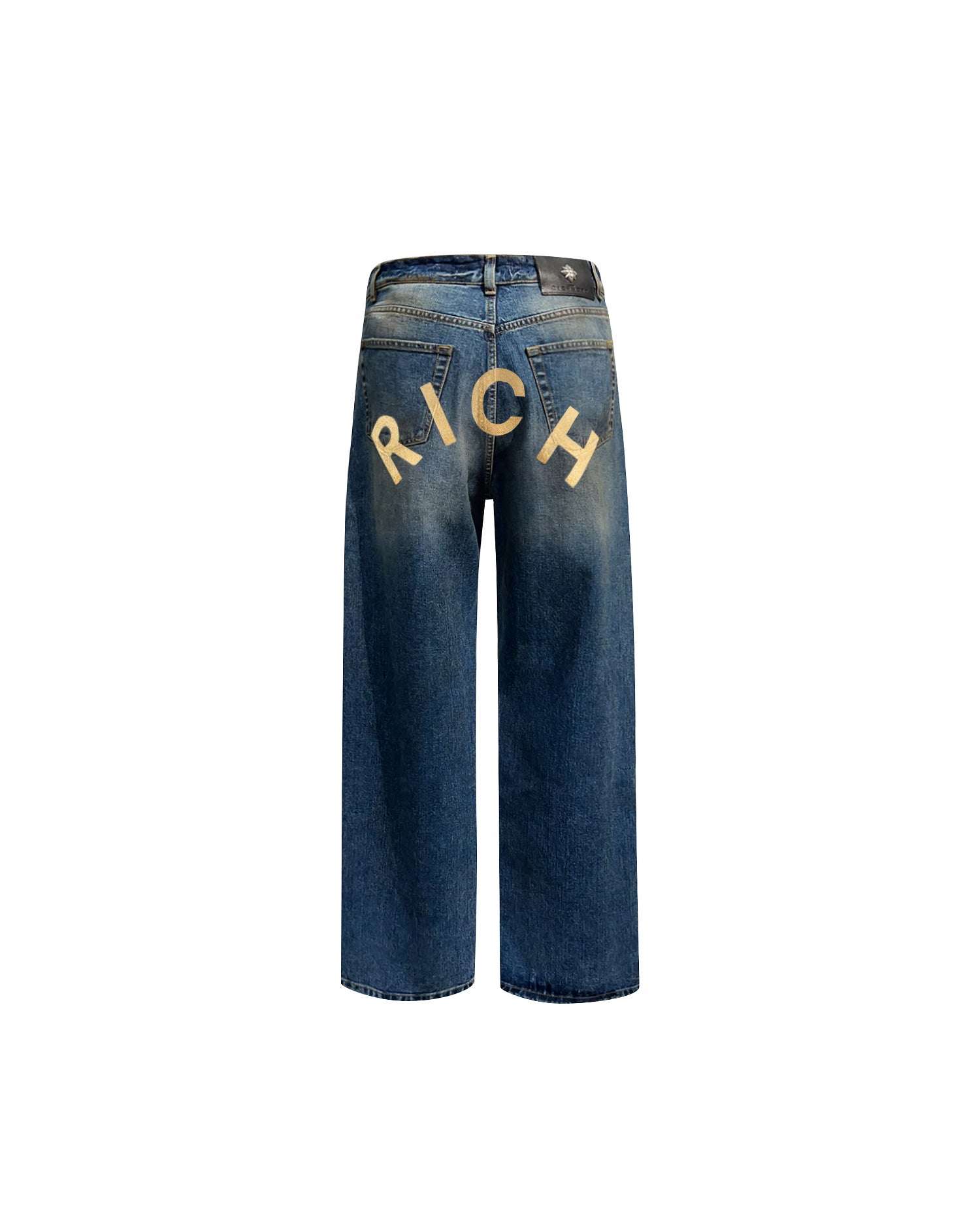 Regular jeans with tear in medium blue and "RICH" glitter gold personalization