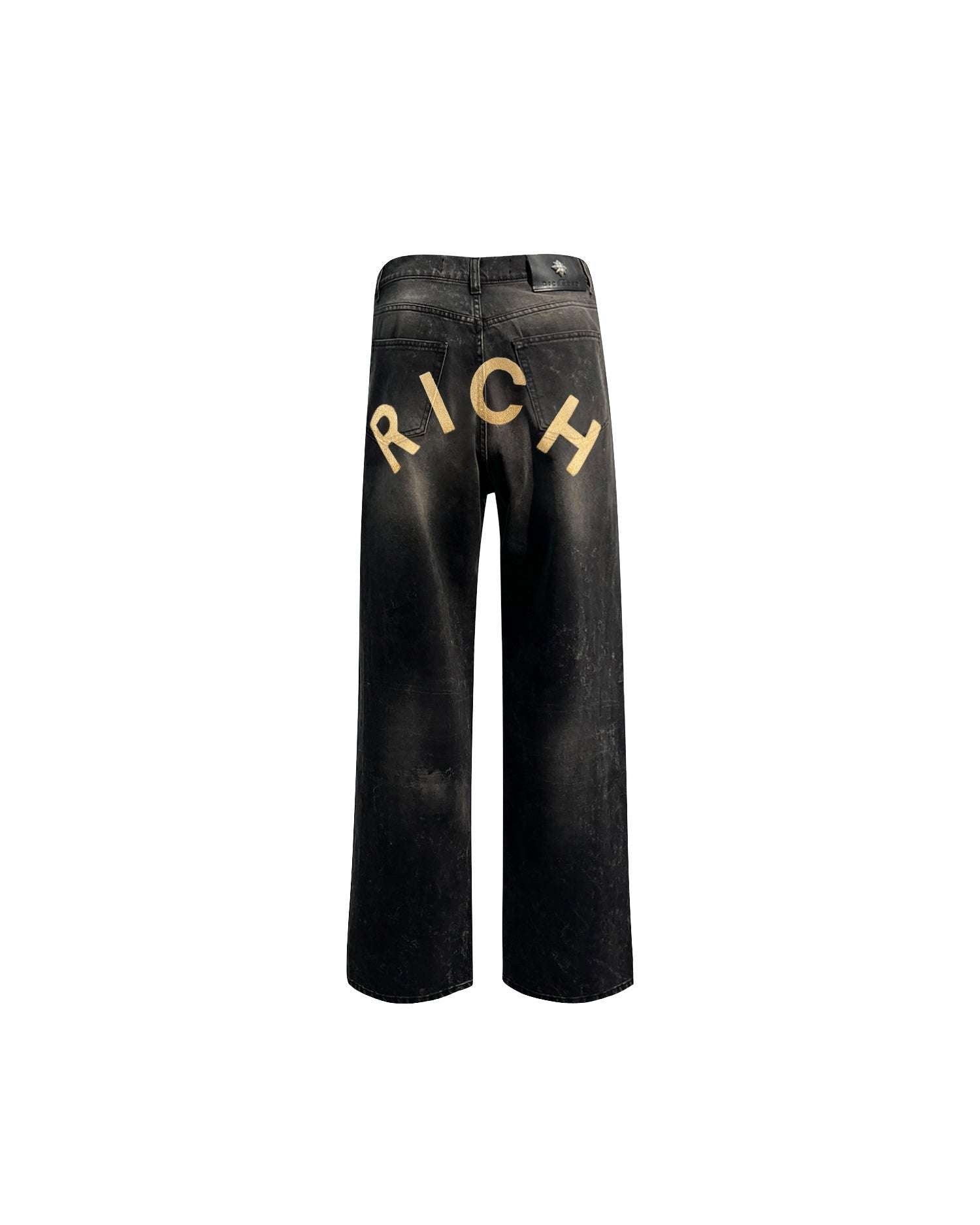 Regular jeans with tear in black and "RICH" glitter gold personalization