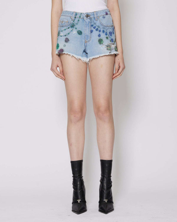 High-waisted denim shorts with pattern