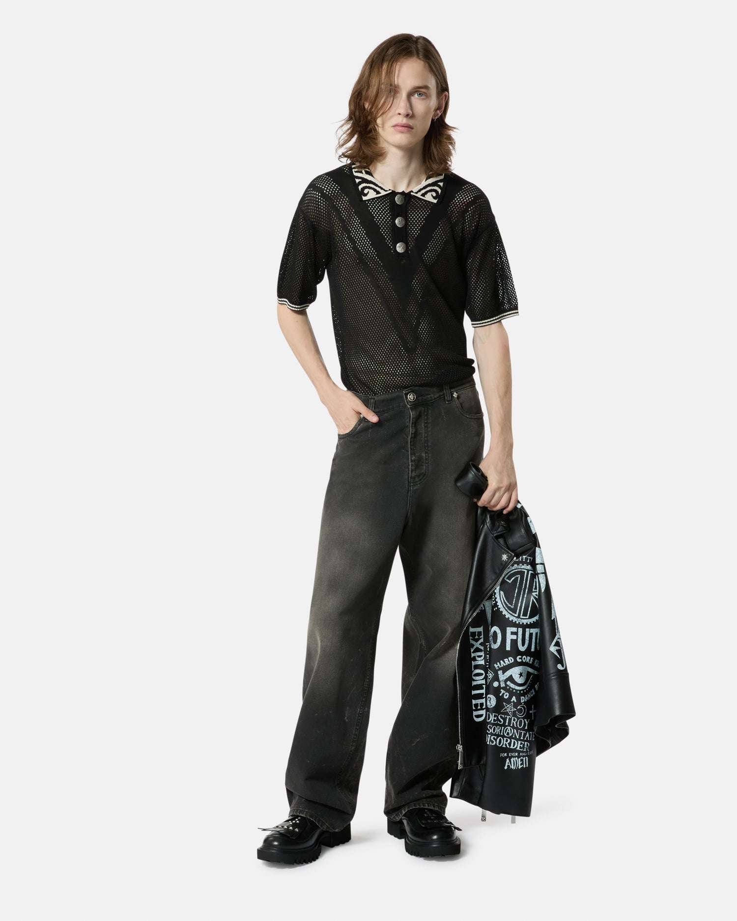 Maglia nera a rete con colletto e bottoni a contrasto Maglia