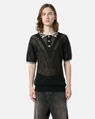 Black mesh sweater with contrasting collar and buttons. Sweater