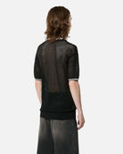 Black mesh sweater with contrasting collar and buttons. Sweater