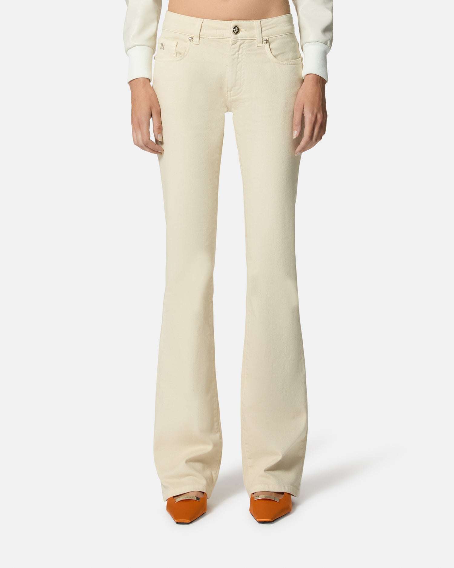 Pantaloni beige a zampa con vita alta Pantaloni