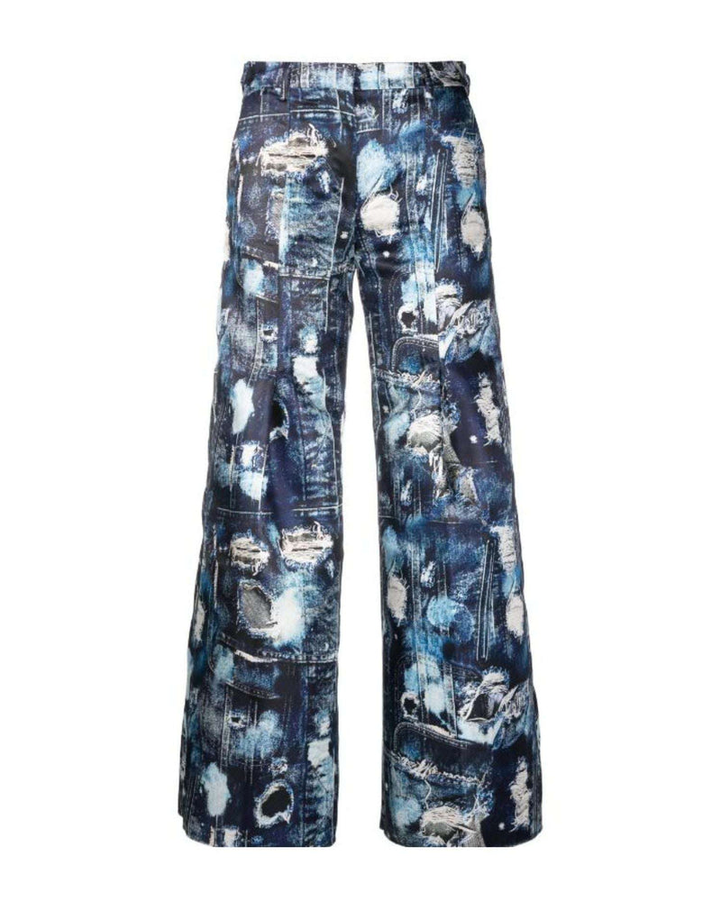 Cropped trousers with wide and iconic runway denim-effect pattern