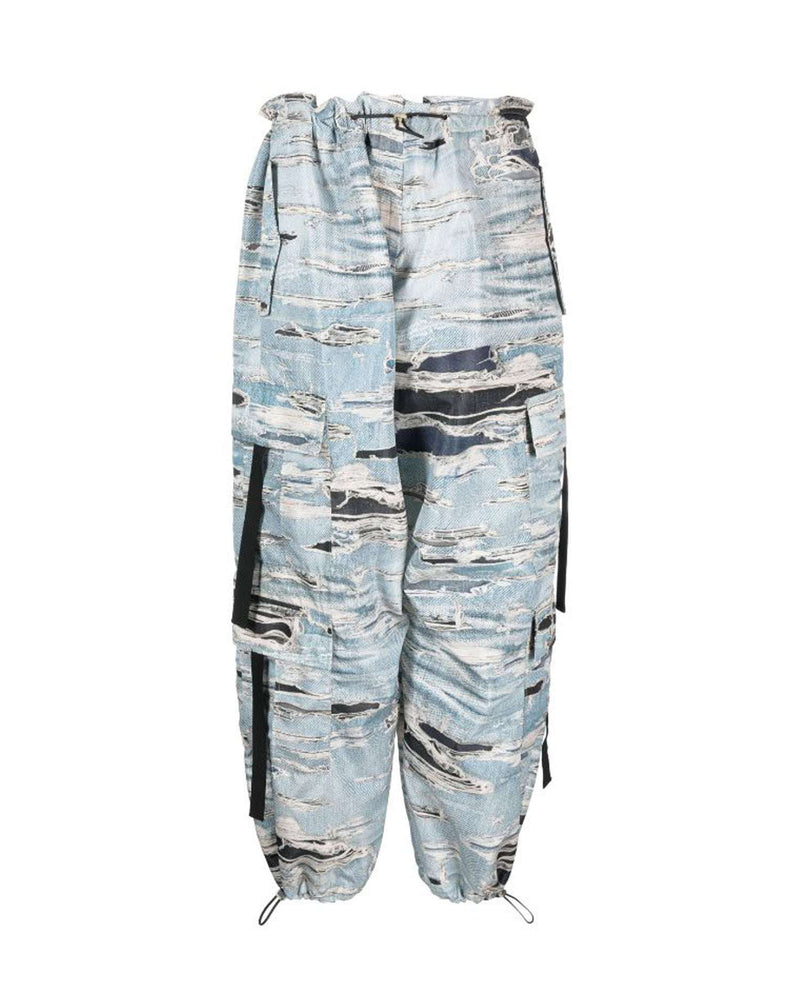 Cargo trousers with iconic runway denim-effect pattern