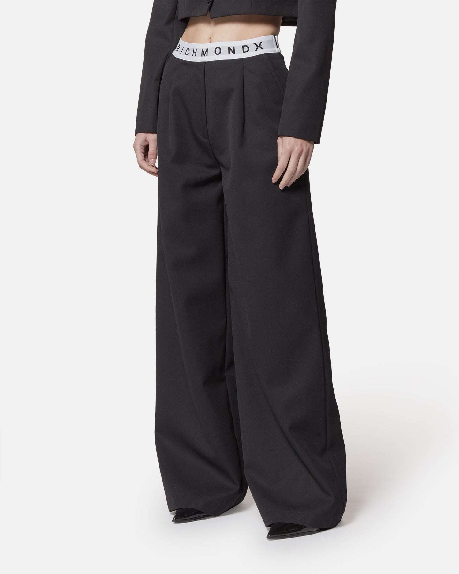 Pantaloni neri a gamba larga con vita elastica logo Richmond X Pantaloni