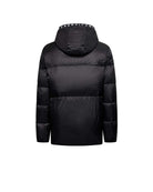 Down jacket with hood and logo details. Outerwear