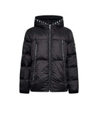Down jacket with hood and logo details. Outerwear