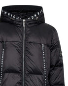 Down jacket with hood and logo details. Outerwear