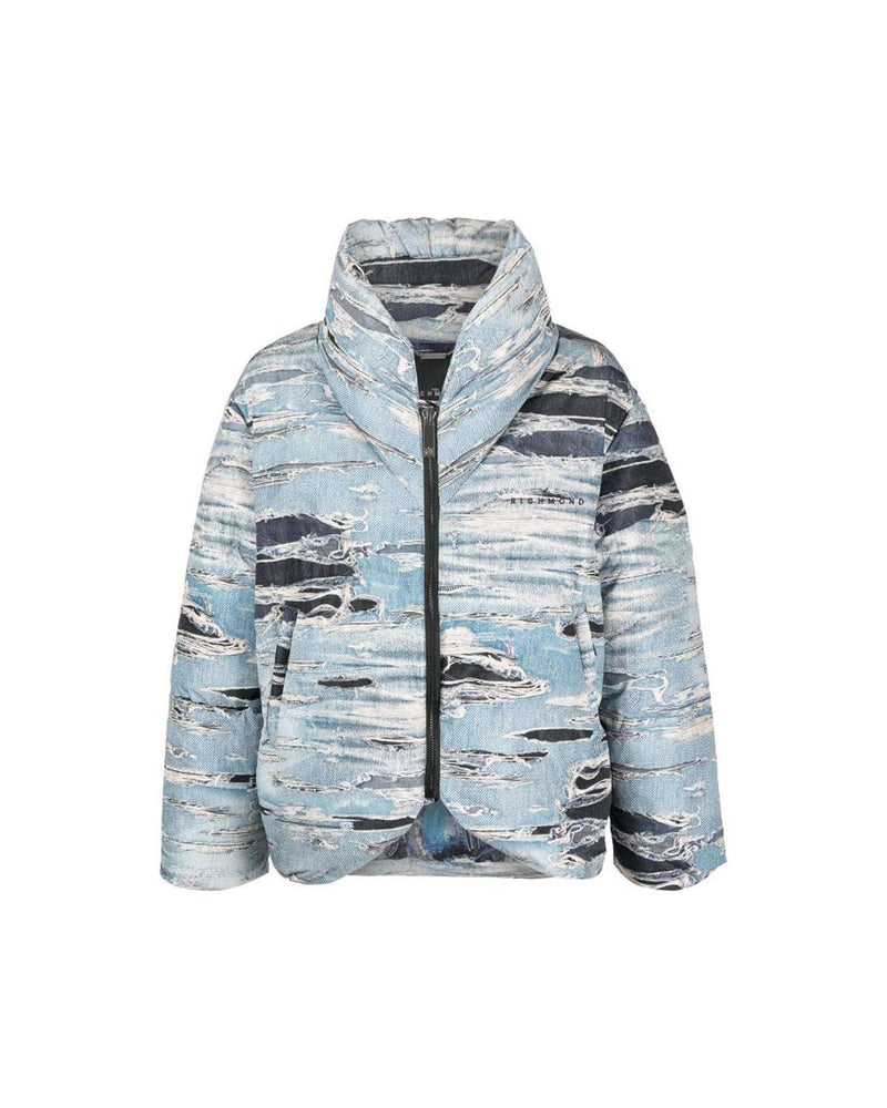 Short down-jacket with iconic runway denim-effect pattern