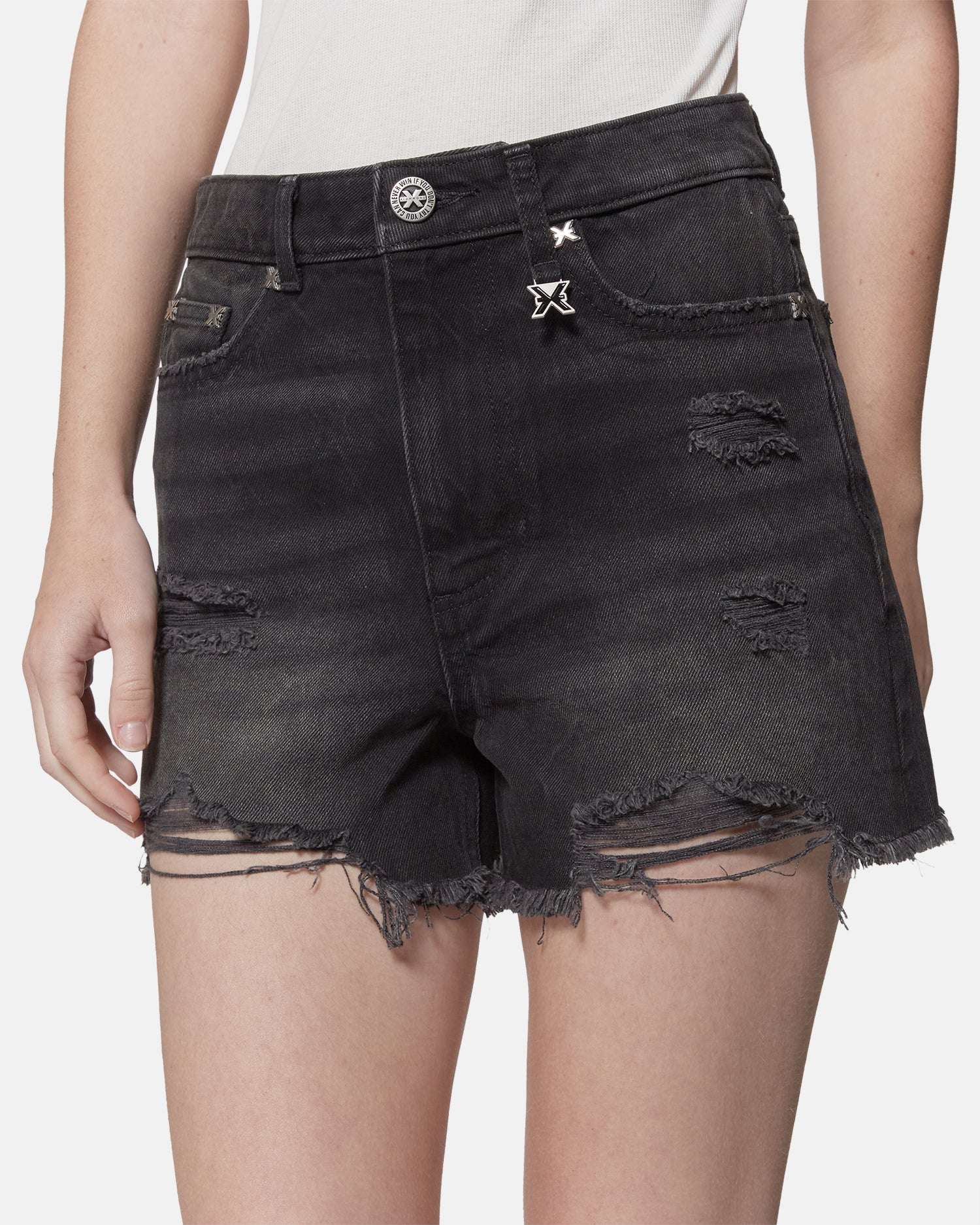 Shorts in denim nero effetto destroyed Shorts