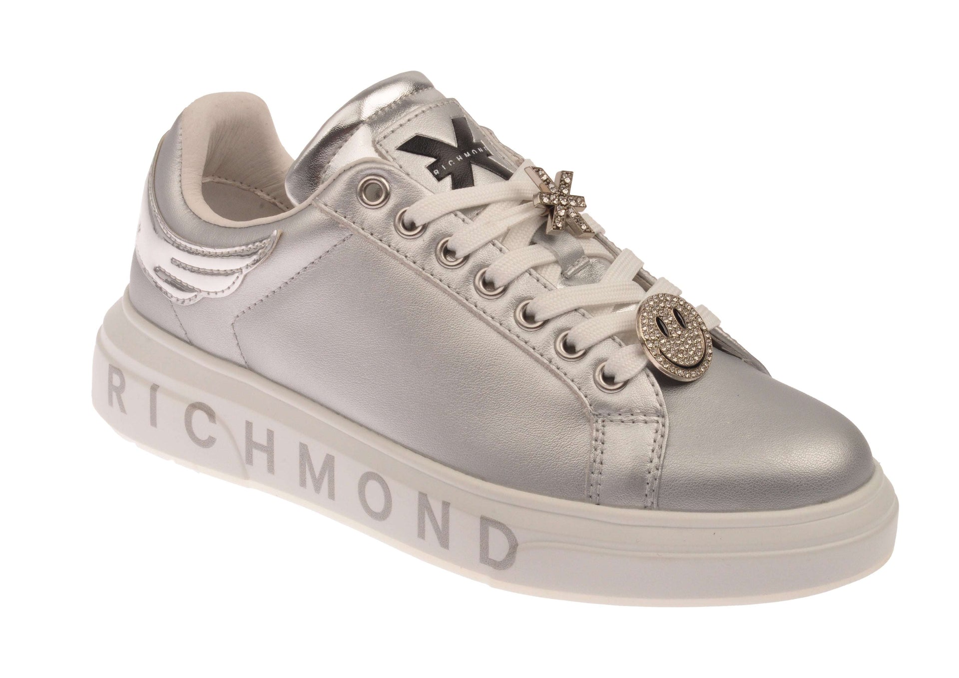 Metallic effect leather sneakers with charms and logo Silver 35