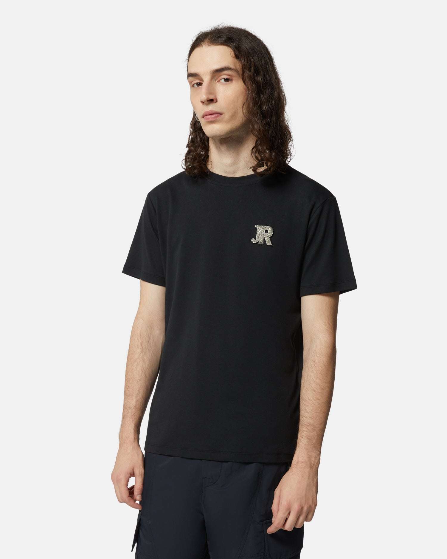 T-shirt nera con logo ricamato T-shirt