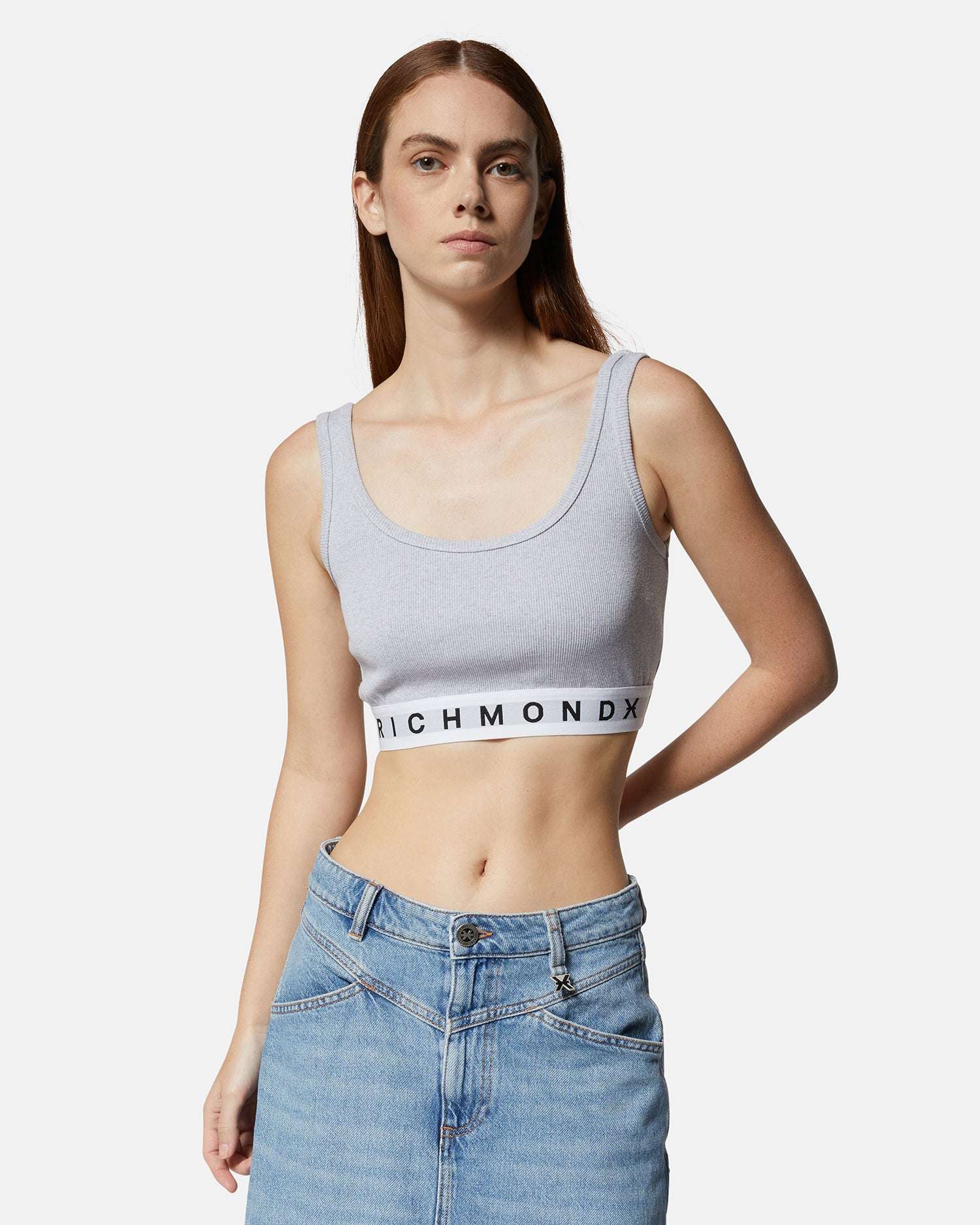 Gray cropped top with elastic band and Richmond X logo – John Richmond