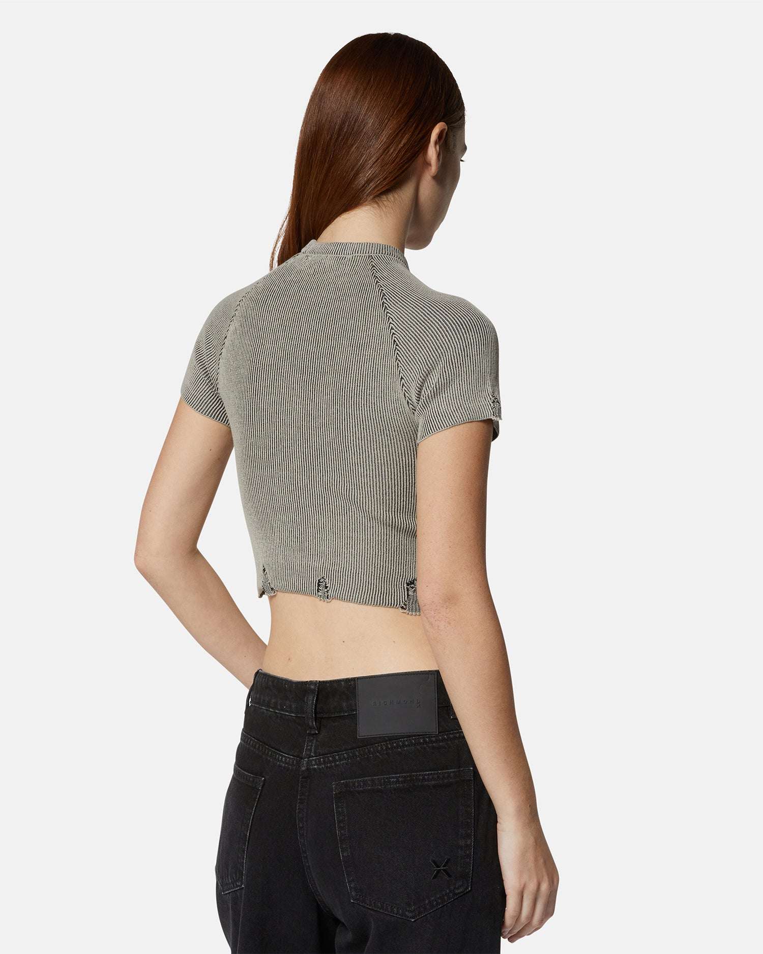 Top cropped a costine grigio con maniche corte T-shirt