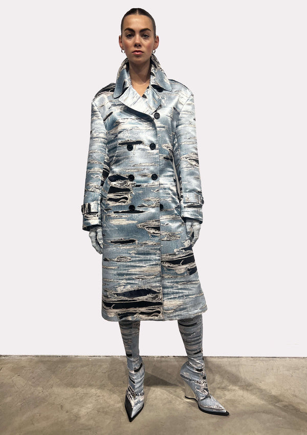 Double-breasted trench coat with iconic runway denim-effect pattern