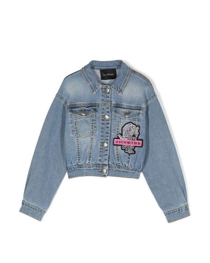 DENIM JACKET WITH LETTERING AND CONTRAST PATTERN 