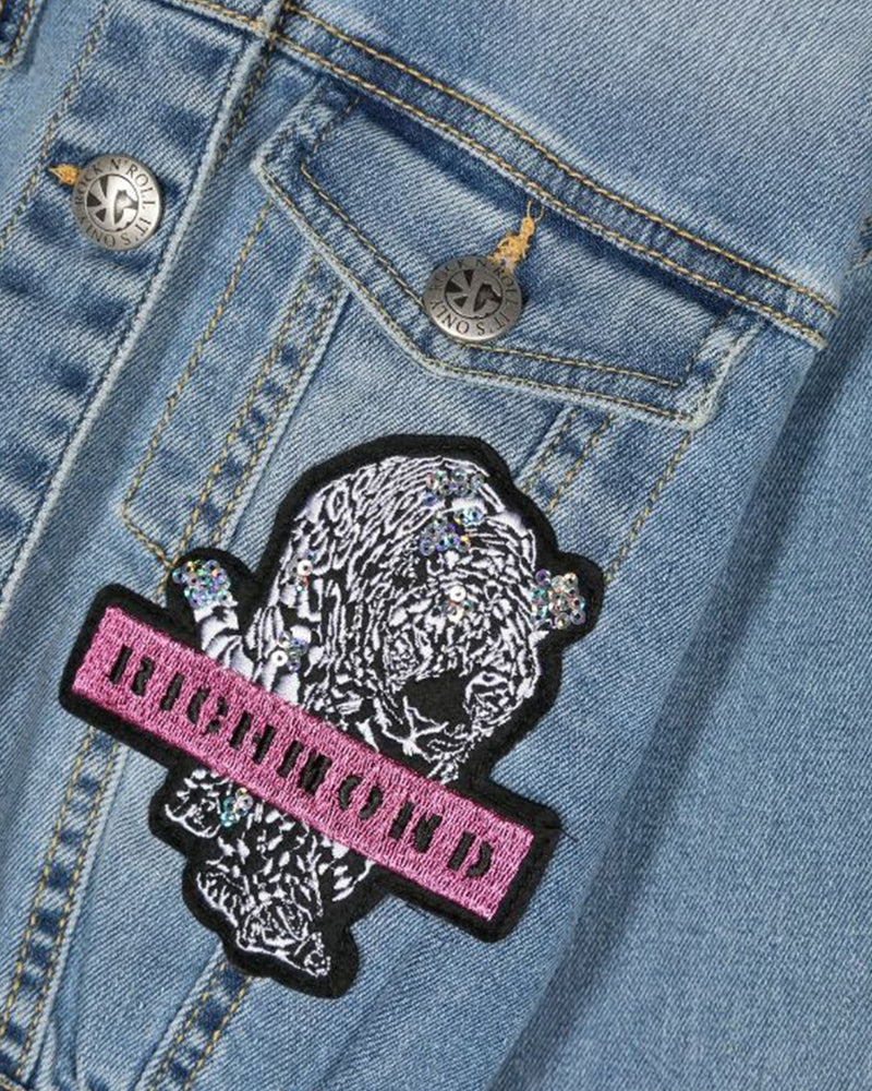 DENIM JACKET WITH LETTERING AND CONTRAST PATTERN 