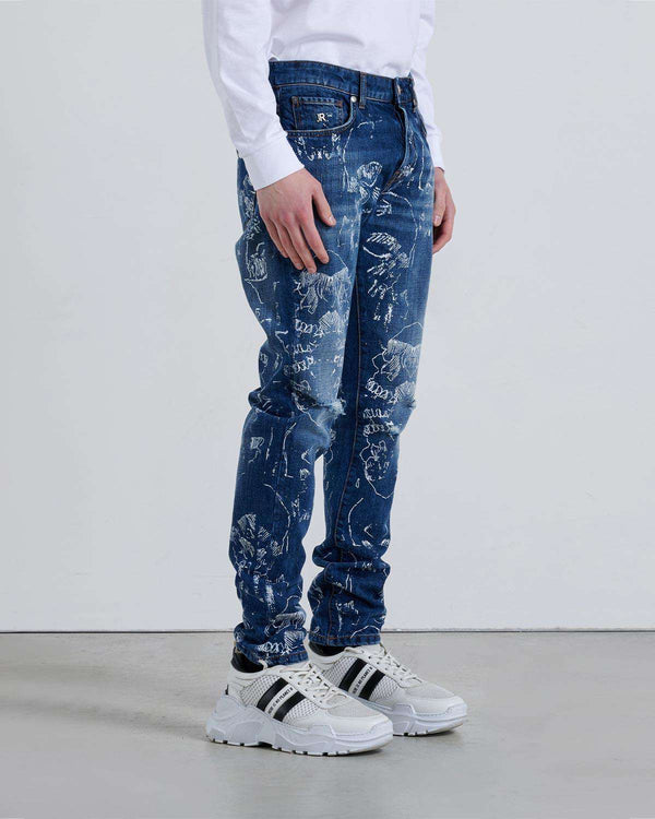 Over wearability jeans with pattern  Blue 