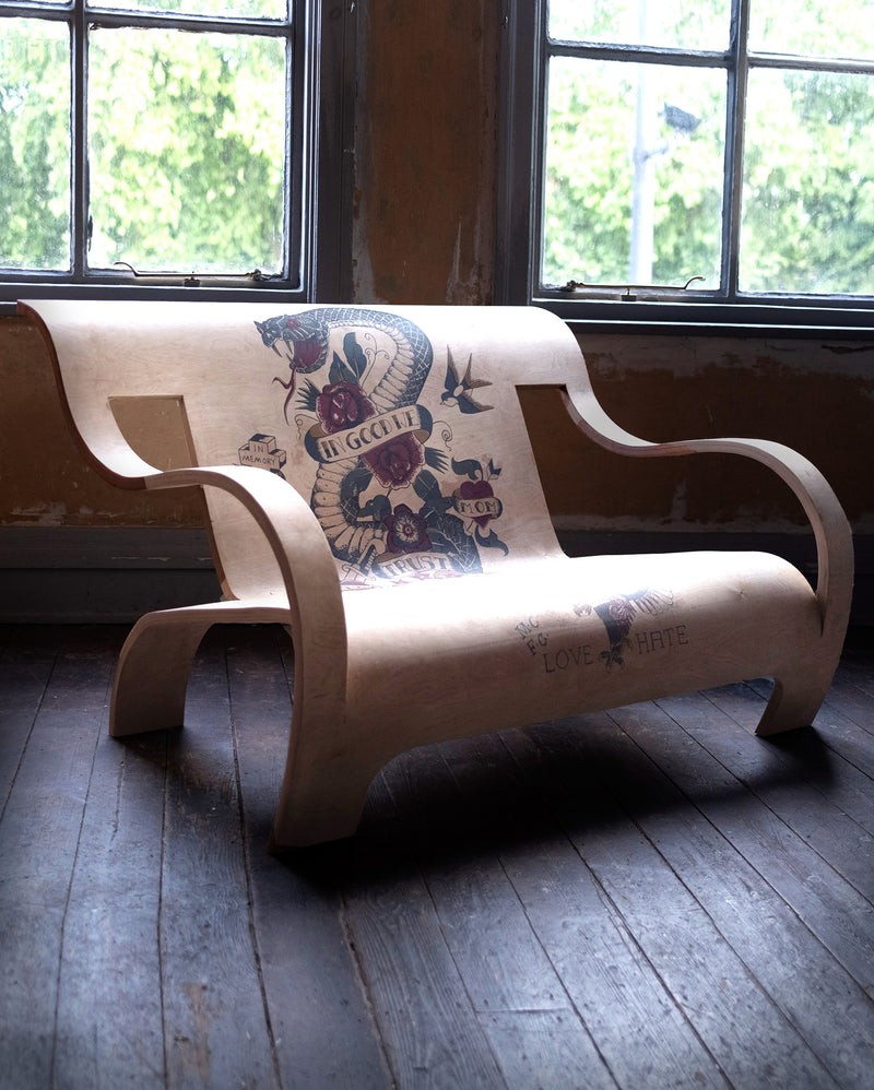 Two-seater armchair in plywood, designed by Tim Sheward and Andy mcguigan. 